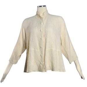 URU Textured Silk Blouse Top Buttons Ivory Cream Tone One Size Lagenlook M L